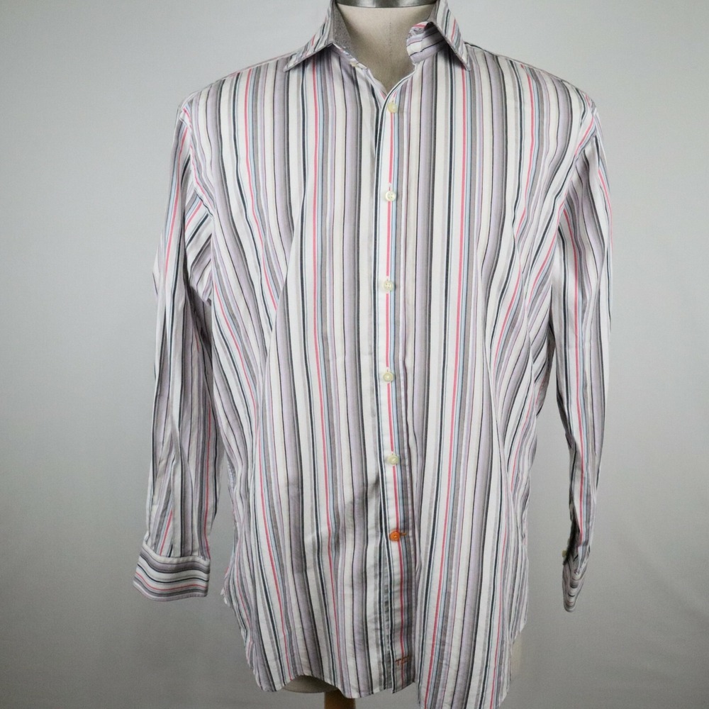 Thomas Dean Shirt Mens Large Business Casual Button Up Striped Long‎ Sleeve